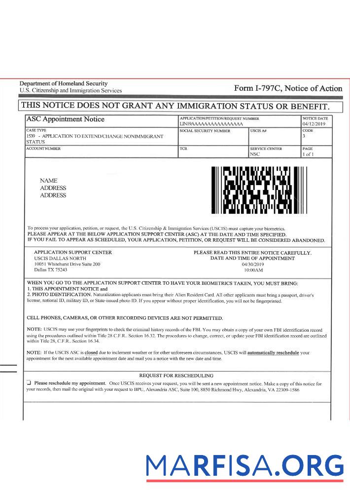 Blank U.S. Citizenship and Immigration services form I 797C, Notice of action example
